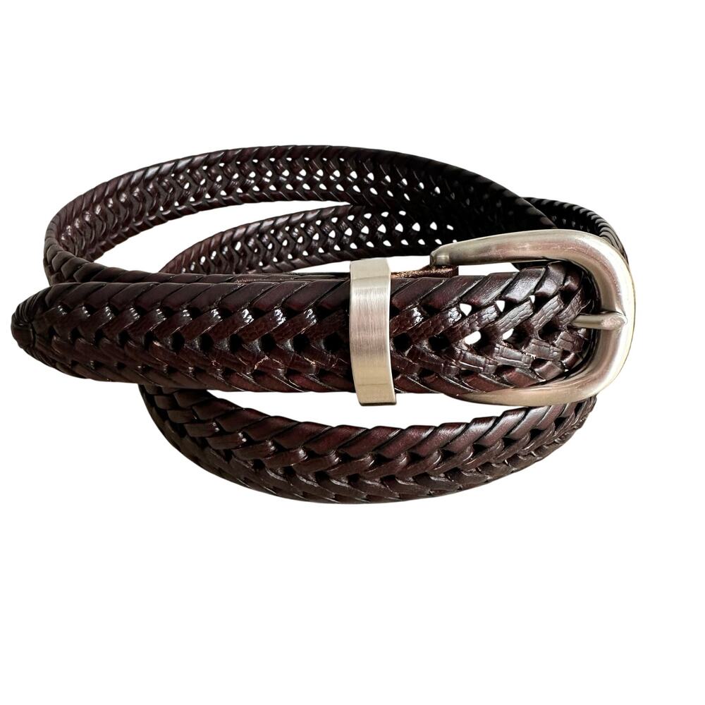 Men's Brown Leather Braided Belt with Silver Hardware 44